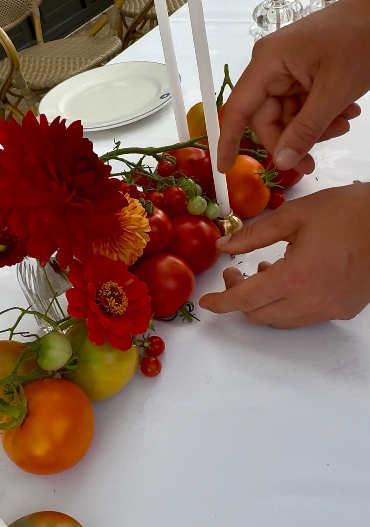 Cut flower arranging dahlias and tomatoes in vases on a tablescape from seeds